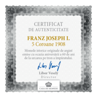 Franz Joseph I. - 5 Coroane 1908, monedă istorică de argint