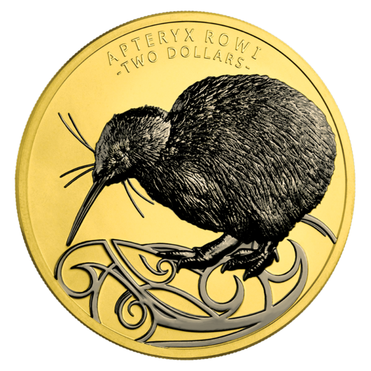 Kiwi Okarito pe o monedă de argint înnobilată cu aur și ruteniu