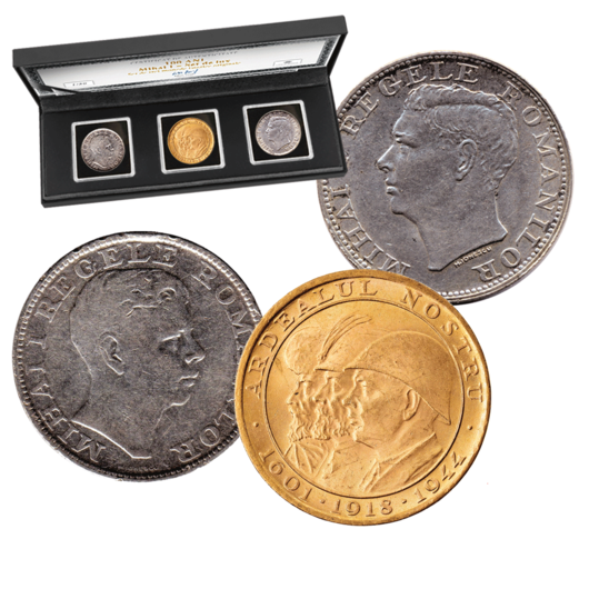 Un set de trei monede istorice originale din aur și argint, dedicat aniversării a 100 de ani de la nașterea ultimului rege român Mihai I.