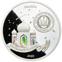 Aladin și lampa fermecată, monedă de argint 5 oz cu efect de hologramă