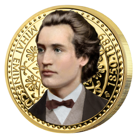 Mihai Eminescu- piesă comemorativă înnobilată cu aur pur și colorată parțial