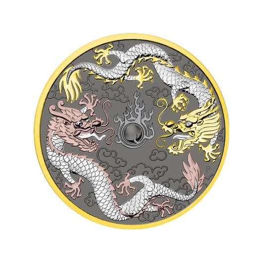 Doi dragoni 2019 monedă din argint, înnobilată cu 4 metale